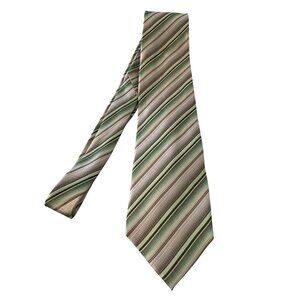 Van Heusen Hand-Made Silk Neck Tie Green Sage Brown Striped Design Business Wear